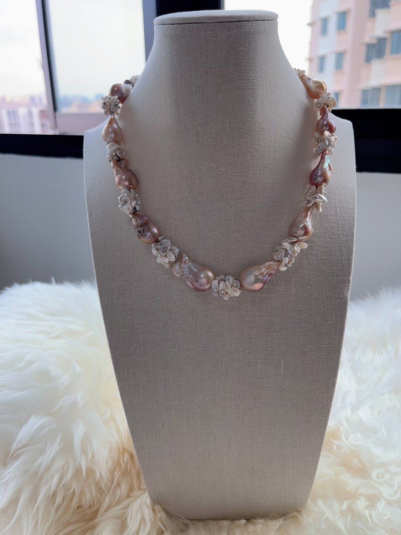 #PN712 [Floral Series] Freshwater Pearl Necklace | Petal Design| Summer Garden| Metallic Lustre | Lustrous | Pink-purple Shade| Fishtail Baroque | You Deserve It