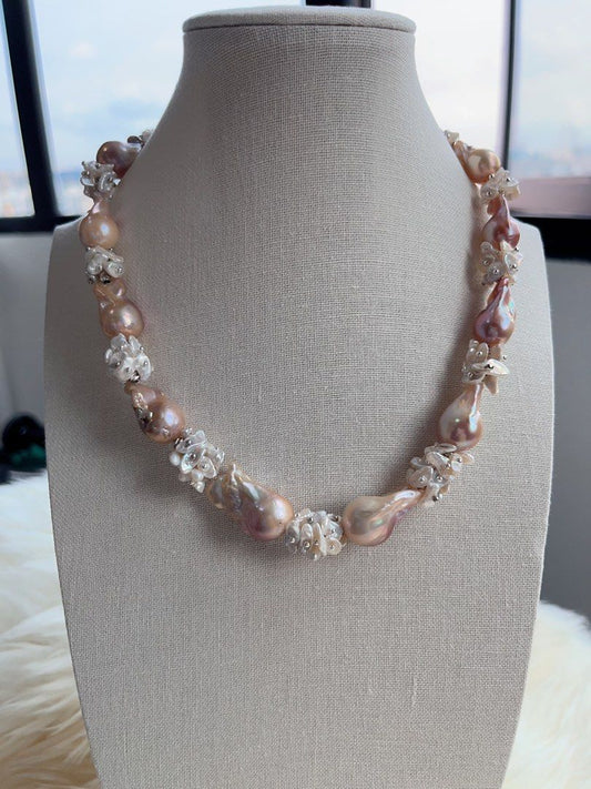 #PN712 [Floral Series] Freshwater Pearl Necklace | Petal Design| Summer Garden| Metallic Lustre | Lustrous | Pink-purple Shade| Fishtail Baroque | You Deserve It
