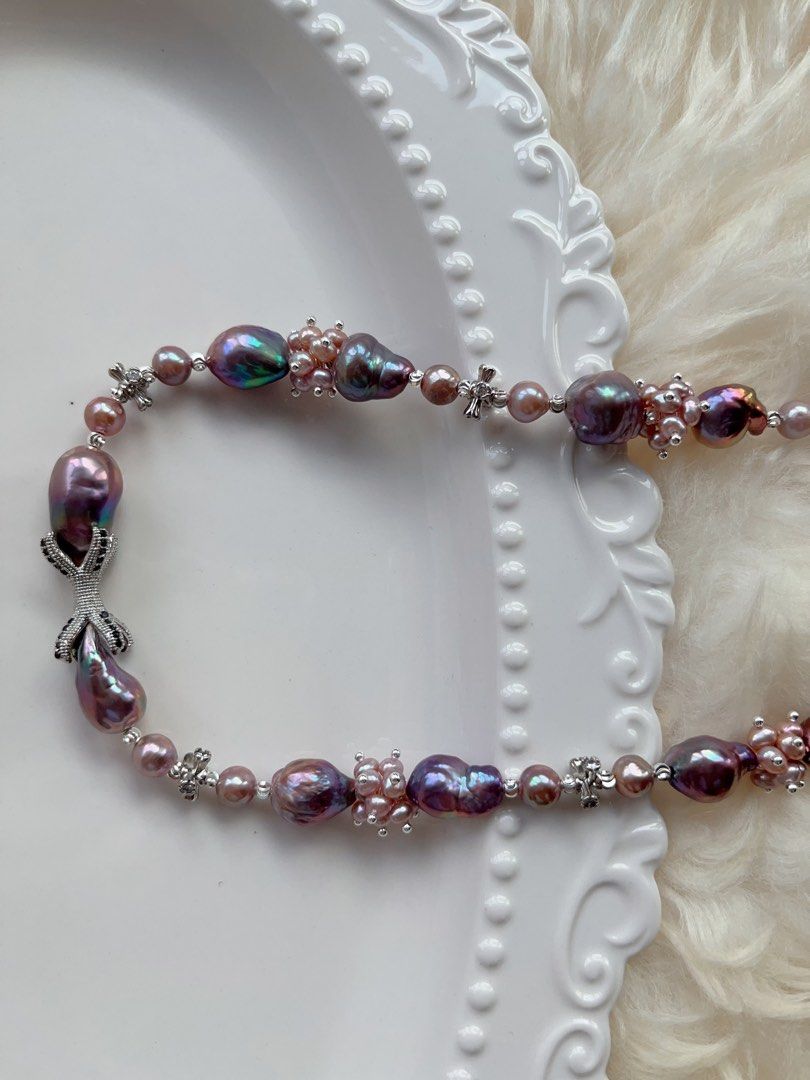 #PN714 [Floral Series] Freshwater Pearl Necklace | Blueberry Baroque Pearl | Rare Shade| Metallic Lustrous | Sweet & Spicy| Purple Fortune