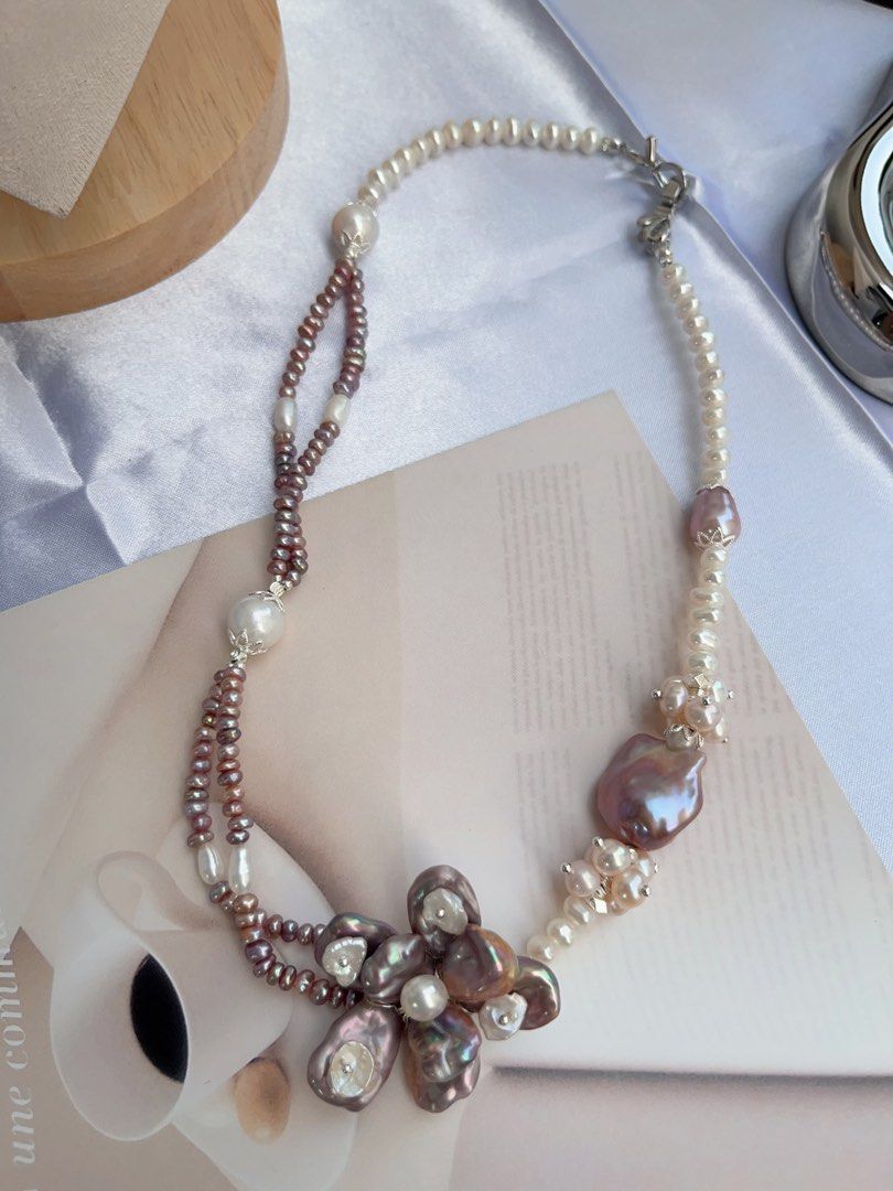 #PN716 [Floral Series] Freshwater Pearl Necklace | Dark Purple Big 2-layer Pearl Flower| Baroque Pearl | AB Asymmetric AB Design | You Don’t Know Me