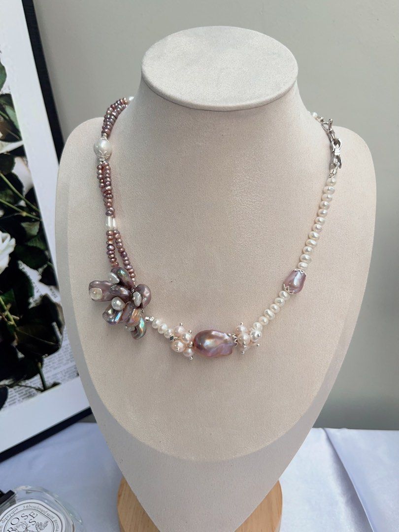 #PN716 [Floral Series] Freshwater Pearl Necklace | Dark Purple Big 2-layer Pearl Flower| Baroque Pearl | AB Asymmetric AB Design | You Don’t Know Me