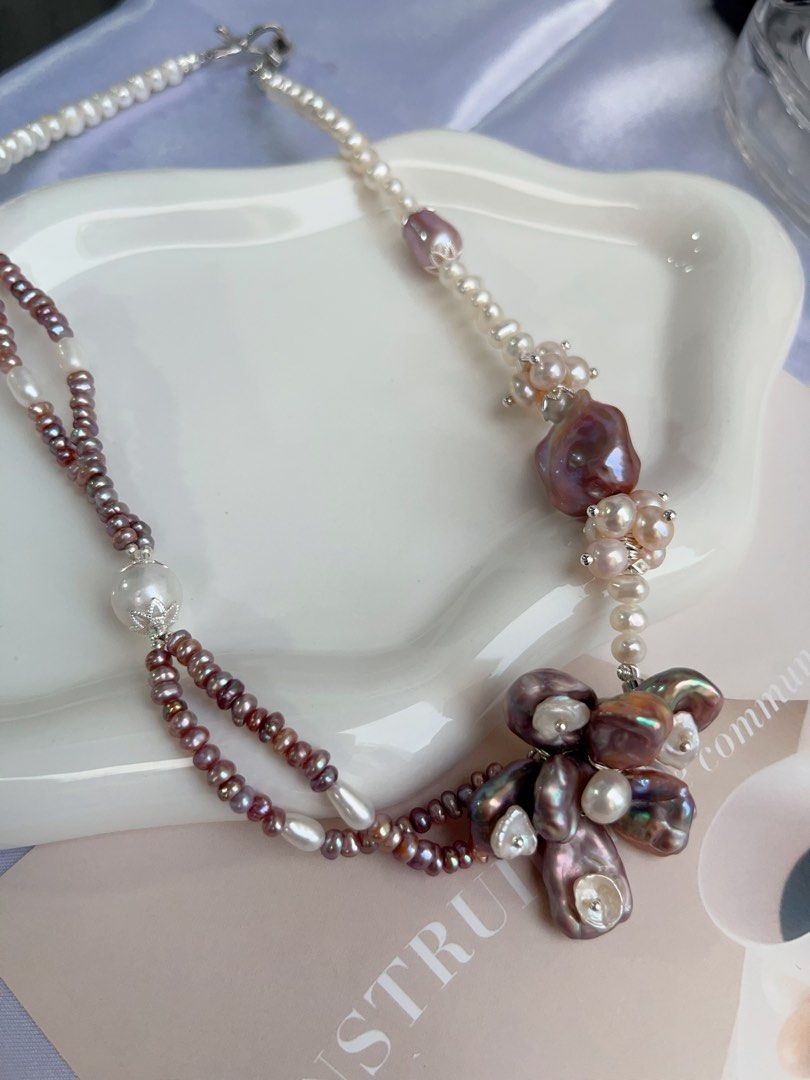 #PN716 [Floral Series] Freshwater Pearl Necklace | Dark Purple Big 2-layer Pearl Flower| Baroque Pearl | AB Asymmetric AB Design | You Don’t Know Me