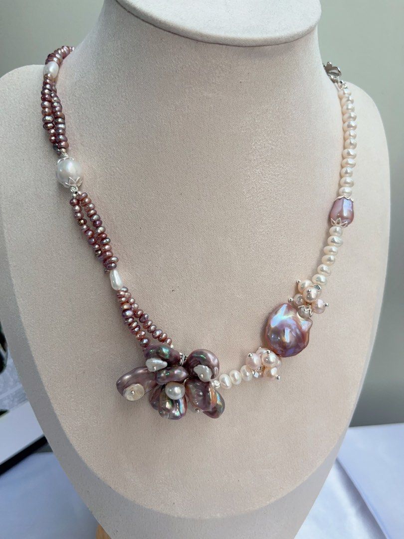 #PN716 [Floral Series] Freshwater Pearl Necklace | Dark Purple Big 2-layer Pearl Flower| Baroque Pearl | AB Asymmetric AB Design | You Don’t Know Me