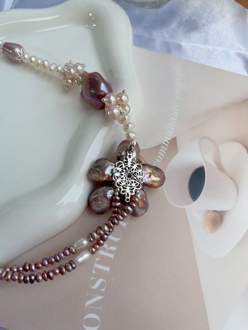 #PN716 [Floral Series] Freshwater Pearl Necklace | Dark Purple Big 2-layer Pearl Flower| Baroque Pearl | AB Asymmetric AB Design | You Don’t Know Me