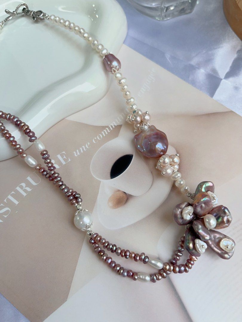 #PN716 [Floral Series] Freshwater Pearl Necklace | Dark Purple Big 2-layer Pearl Flower| Baroque Pearl | AB Asymmetric AB Design | You Don’t Know Me
