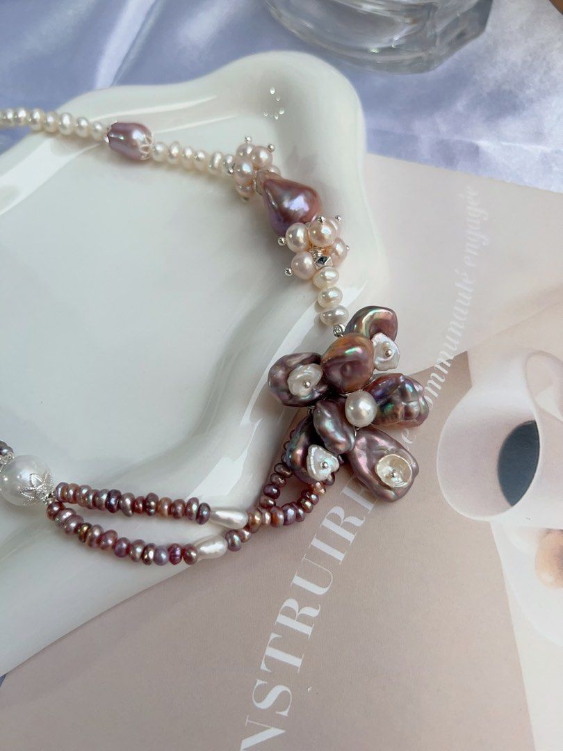 #PN716 [Floral Series] Freshwater Pearl Necklace | Dark Purple Big 2-layer Pearl Flower| Baroque Pearl | AB Asymmetric AB Design | You Don’t Know Me