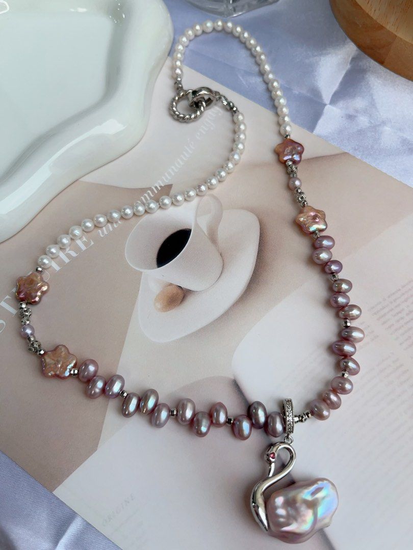 #PN718 Swan 🦢 Lake| Freshwater Pearl Necklace |Star Shaped Pearl | Removable Pendant | Lace Design| Baby Baroque | Dance in Moonlight