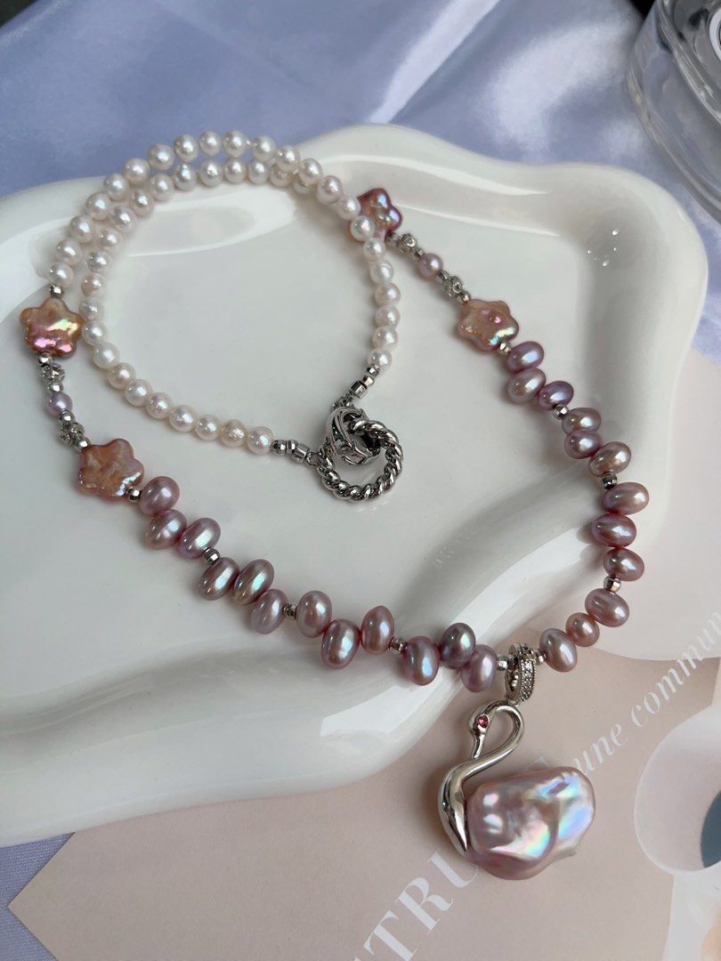 #PN718 Swan 🦢 Lake| Freshwater Pearl Necklace |Star Shaped Pearl | Removable Pendant | Lace Design| Baby Baroque | Dance in Moonlight