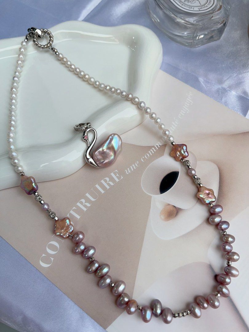 #PN718 Swan 🦢 Lake| Freshwater Pearl Necklace |Star Shaped Pearl | Removable Pendant | Lace Design| Baby Baroque | Dance in Moonlight