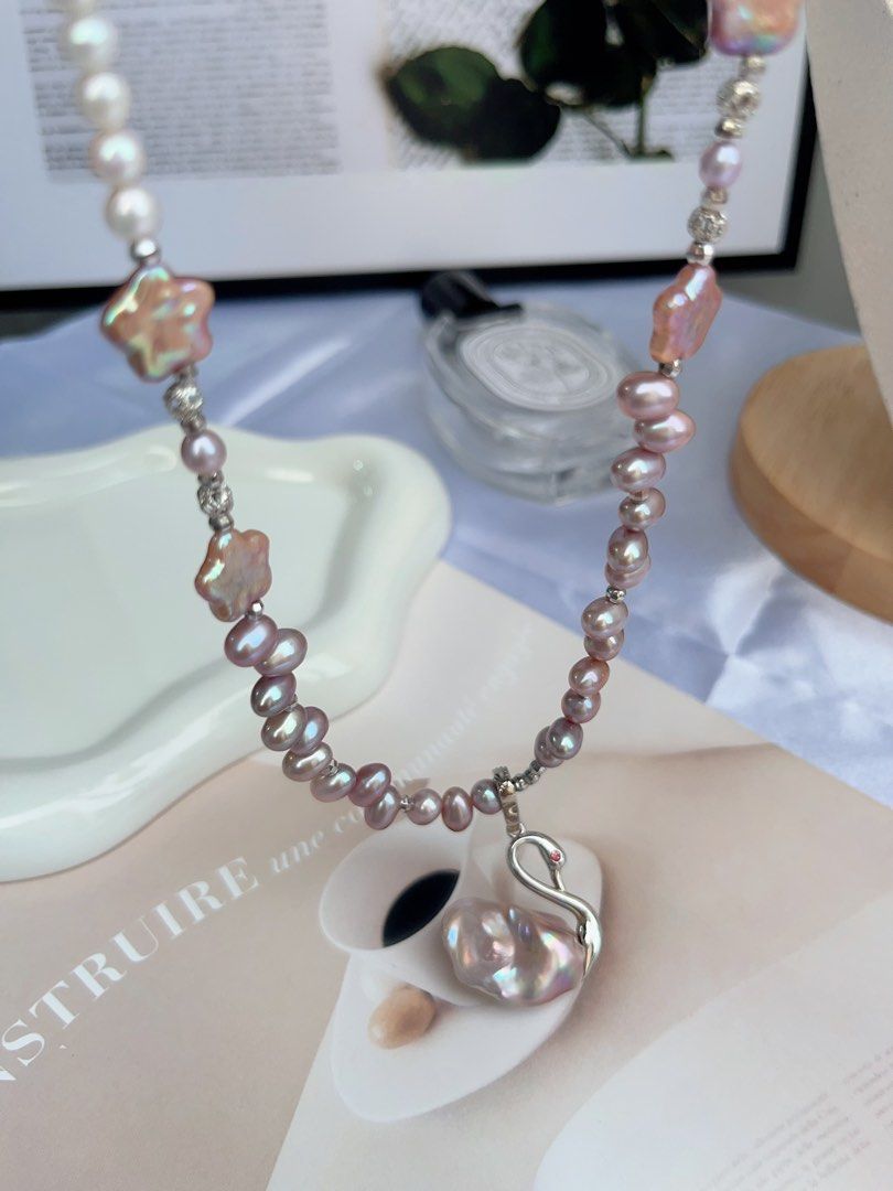 #PN718 Swan 🦢 Lake| Freshwater Pearl Necklace |Star Shaped Pearl | Removable Pendant | Lace Design| Baby Baroque | Dance in Moonlight