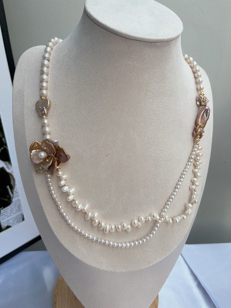 #PN719 [Floral Series] Freshwater Pearl Necklace | Metallic Two-layer Pearl Flower| Baby Baroque | Vintage Style | Look For Something Special