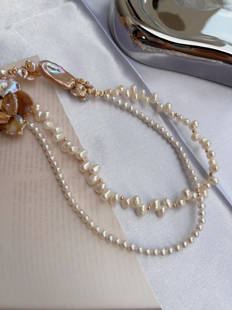 #PN719 [Floral Series] Freshwater Pearl Necklace | Metallic Two-layer Pearl Flower| Baby Baroque | Vintage Style | Look For Something Special