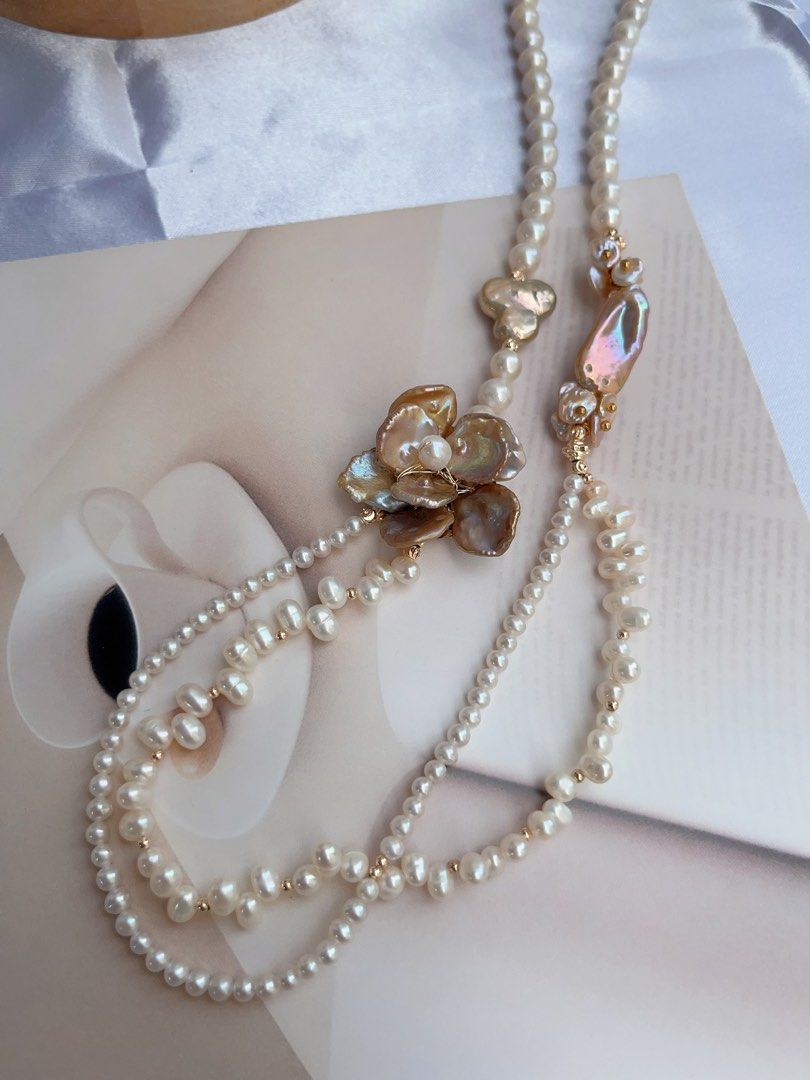 #PN719 [Floral Series] Freshwater Pearl Necklace | Metallic Two-layer Pearl Flower| Baby Baroque | Vintage Style | Look For Something Special