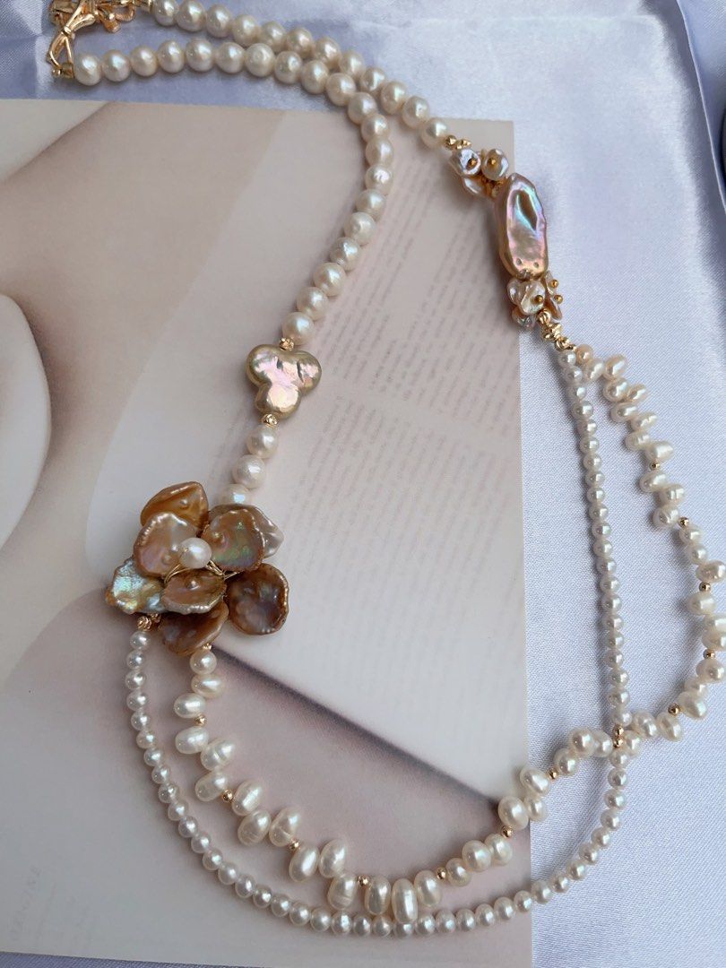 #PN719 [Floral Series] Freshwater Pearl Necklace | Metallic Two-layer Pearl Flower| Baby Baroque | Vintage Style | Look For Something Special