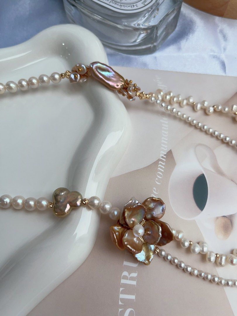 #PN719 [Floral Series] Freshwater Pearl Necklace | Metallic Two-layer Pearl Flower| Baby Baroque | Vintage Style | Look For Something Special