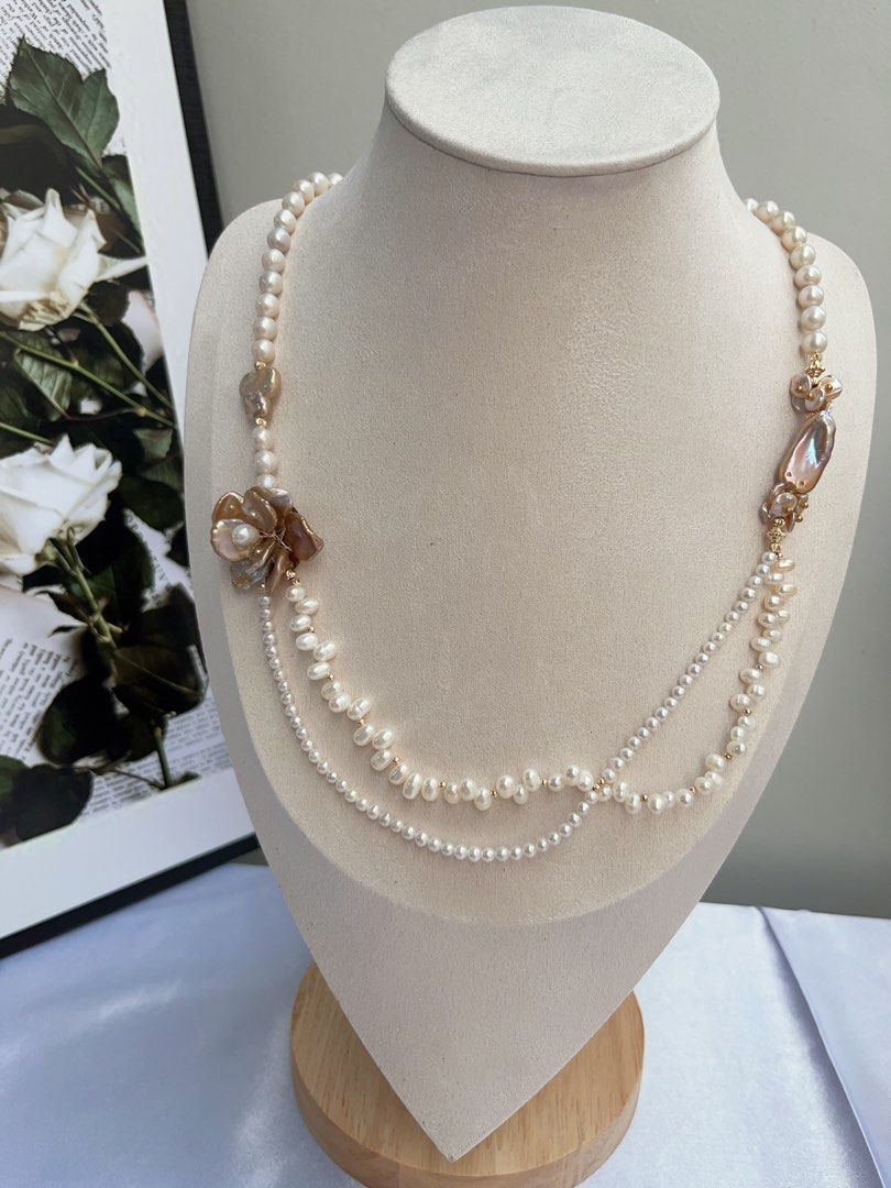#PN719 [Floral Series] Freshwater Pearl Necklace | Metallic Two-layer Pearl Flower| Baby Baroque | Vintage Style | Look For Something Special
