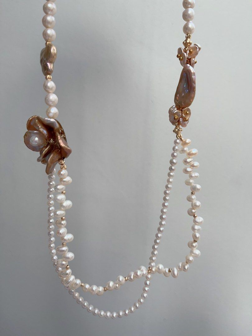 #PN719 [Floral Series] Freshwater Pearl Necklace | Metallic Two-layer Pearl Flower| Baby Baroque | Vintage Style | Look For Something Special