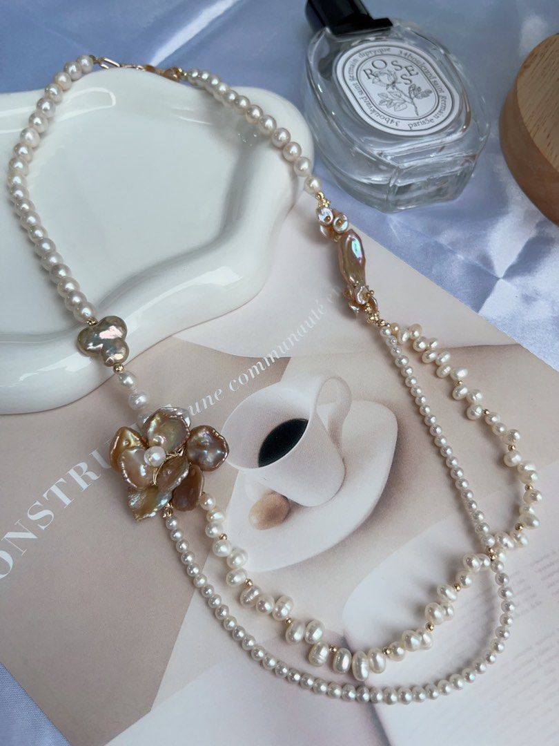 #PN719 [Floral Series] Freshwater Pearl Necklace | Metallic Two-layer Pearl Flower| Baby Baroque | Vintage Style | Look For Something Special