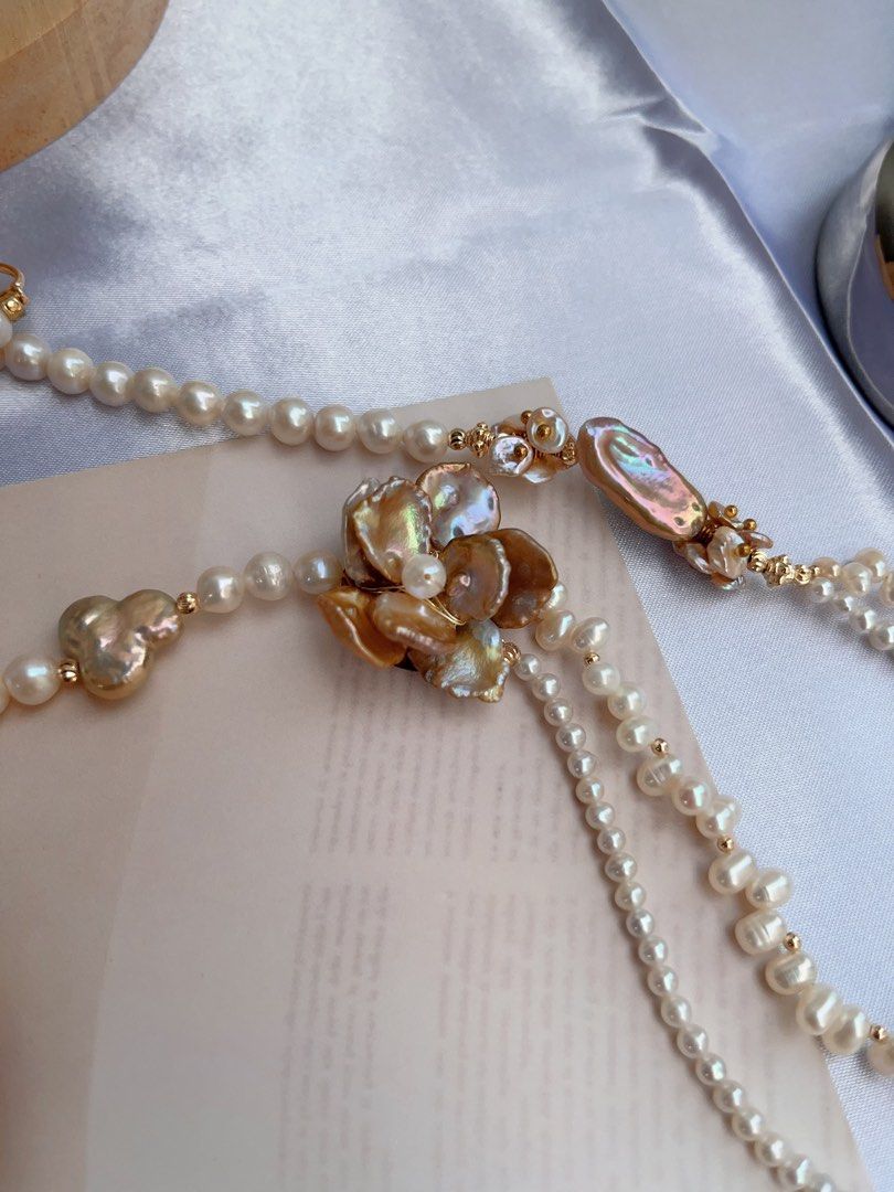 #PN719 [Floral Series] Freshwater Pearl Necklace | Metallic Two-layer Pearl Flower| Baby Baroque | Vintage Style | Look For Something Special