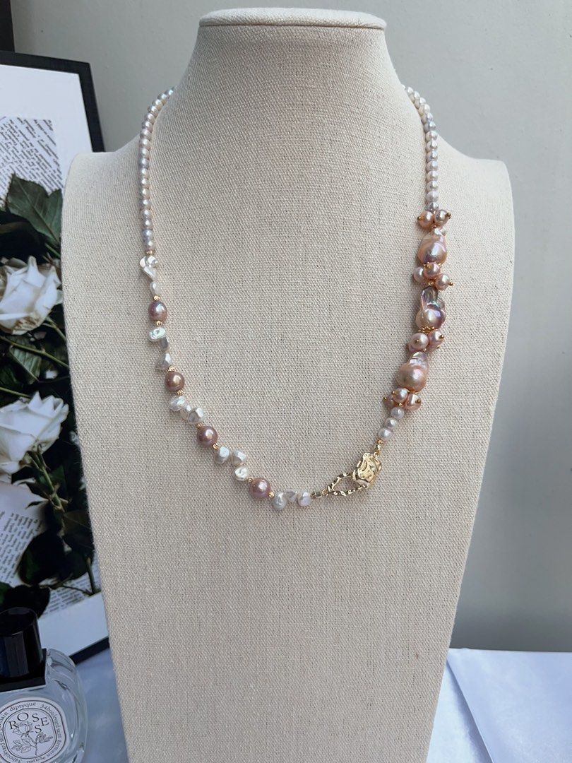 #PN720 [Floral Series] Freshwater Pearl Necklace | Removable Pendant | Wear At Any Length | Lustrous Fishtail Baroque | Avocado Pendant | 56cm Long| Multiple Wear| I Got Styles