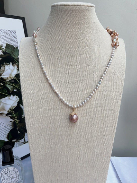 #PN720 [Floral Series] Freshwater Pearl Necklace | Removable Pendant | Wear At Any Length | Lustrous Fishtail Baroque | Avocado Pendant | 56cm Long| Multiple Wear| I Got Styles