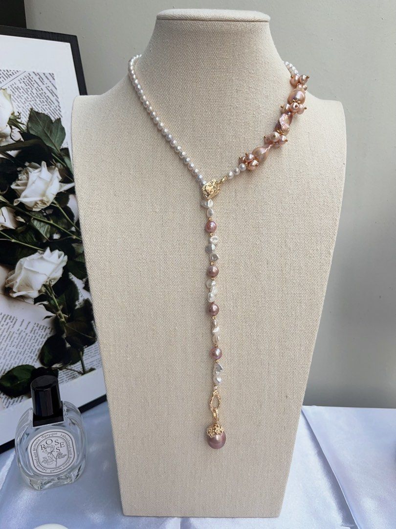 #PN720 [Floral Series] Freshwater Pearl Necklace | Removable Pendant | Wear At Any Length | Lustrous Fishtail Baroque | Avocado Pendant | 56cm Long| Multiple Wear| I Got Styles