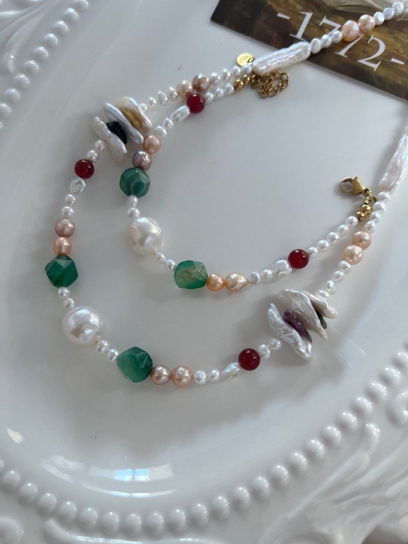 #PN724 Freshwater Pearl Necklace & Bracelet Set | Lute Shaped Pearl | Green Agate| Big Wrinkle Baroque | Baby Pearl | Colourful Life