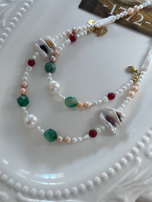 #PN724 Freshwater Pearl Necklace & Bracelet Set | Lute Shaped Pearl | Green Agate| Big Wrinkle Baroque | Baby Pearl | Colourful Life