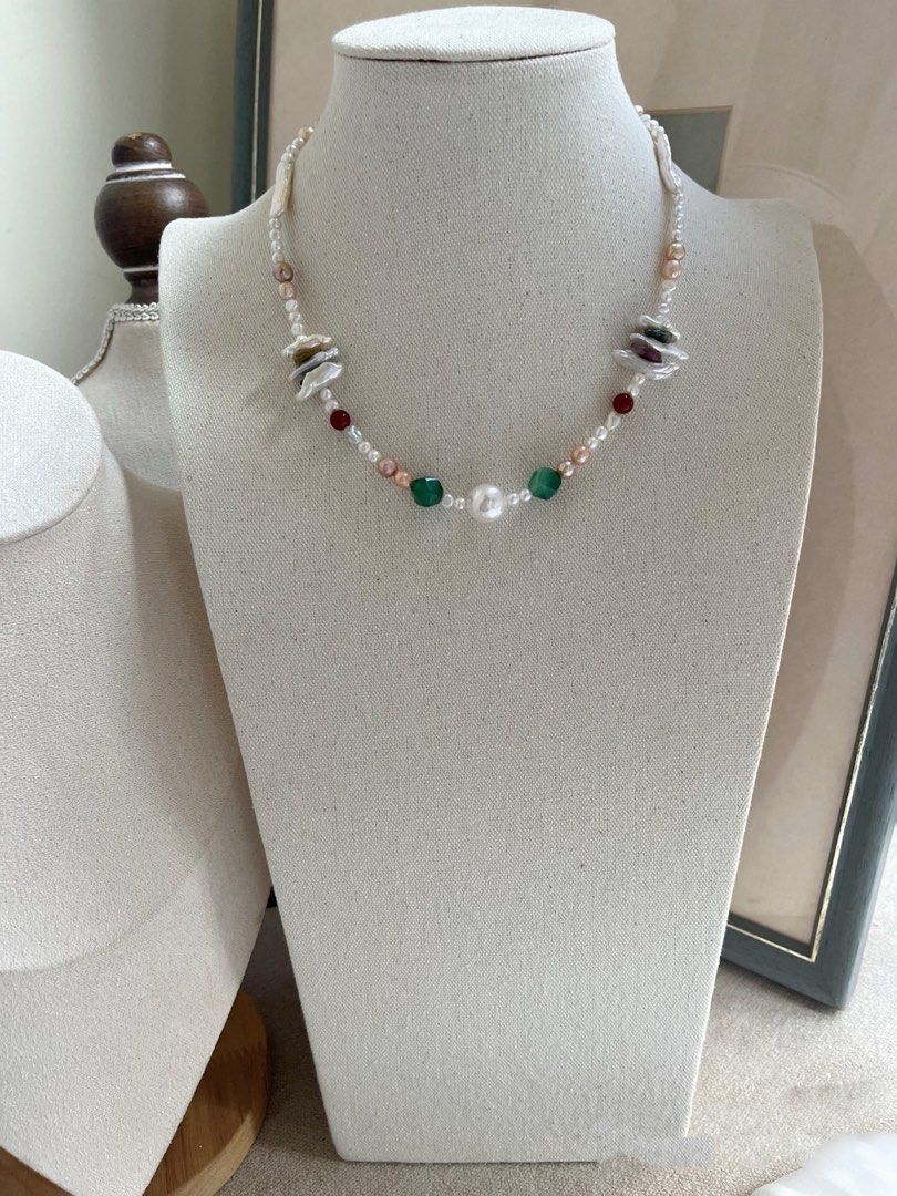 #PN724 Freshwater Pearl Necklace & Bracelet Set | Lute Shaped Pearl | Green Agate| Big Wrinkle Baroque | Baby Pearl | Colourful Life