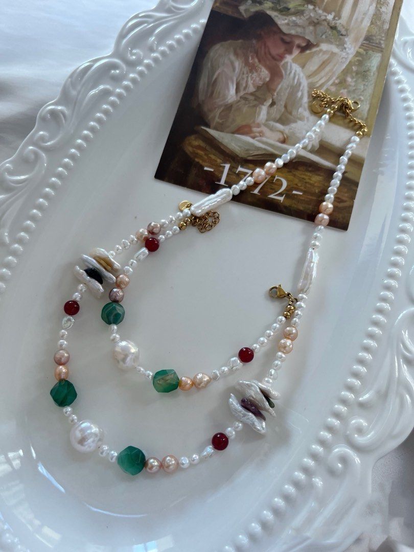 #PN724 Freshwater Pearl Necklace & Bracelet Set | Lute Shaped Pearl | Green Agate| Big Wrinkle Baroque | Baby Pearl | Colourful Life