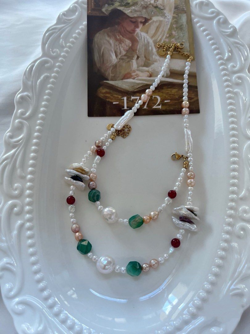 #PN724 Freshwater Pearl Necklace & Bracelet Set | Lute Shaped Pearl | Green Agate| Big Wrinkle Baroque | Baby Pearl | Colourful Life