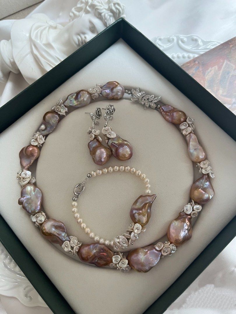 #PN727 [Floral Series] Goddess Crown 👑 | Freshwater Pearl Necklace & Bracelet & Earrings Set| Vintage Shade Fishtail Baroque | White Petals| Golden Lustre| Rare| For Women Who Rise