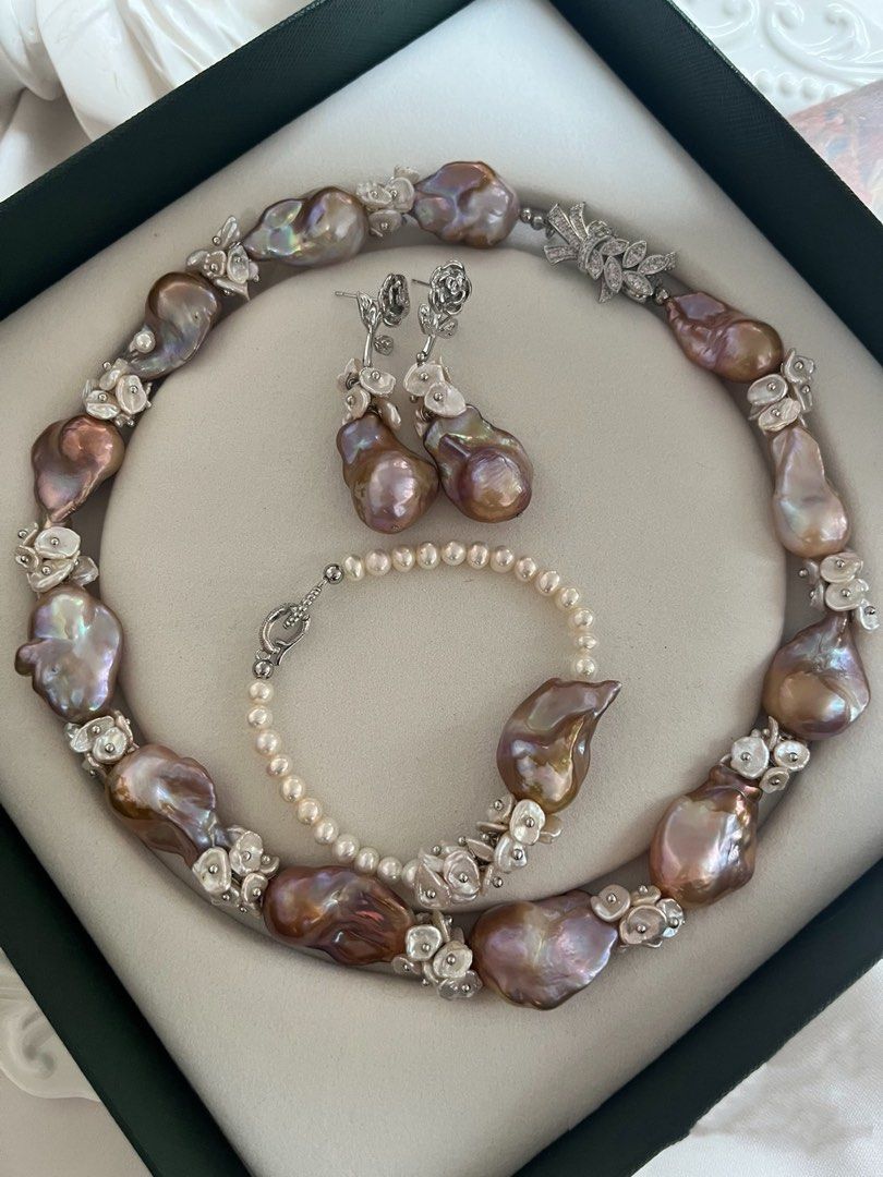 #PN727 [Floral Series] Goddess Crown 👑 | Freshwater Pearl Necklace & Bracelet & Earrings Set| Vintage Shade Fishtail Baroque | White Petals| Golden Lustre| Rare| For Women Who Rise