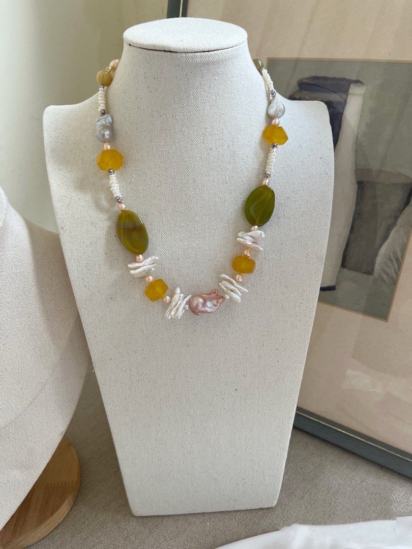 #PN728 Huge Agate & Freshwater Pearl Necklace | Double Layer Design| Lute Baroque | Fishtail Silk Lustre | Bold, Feminine, Unapologetic