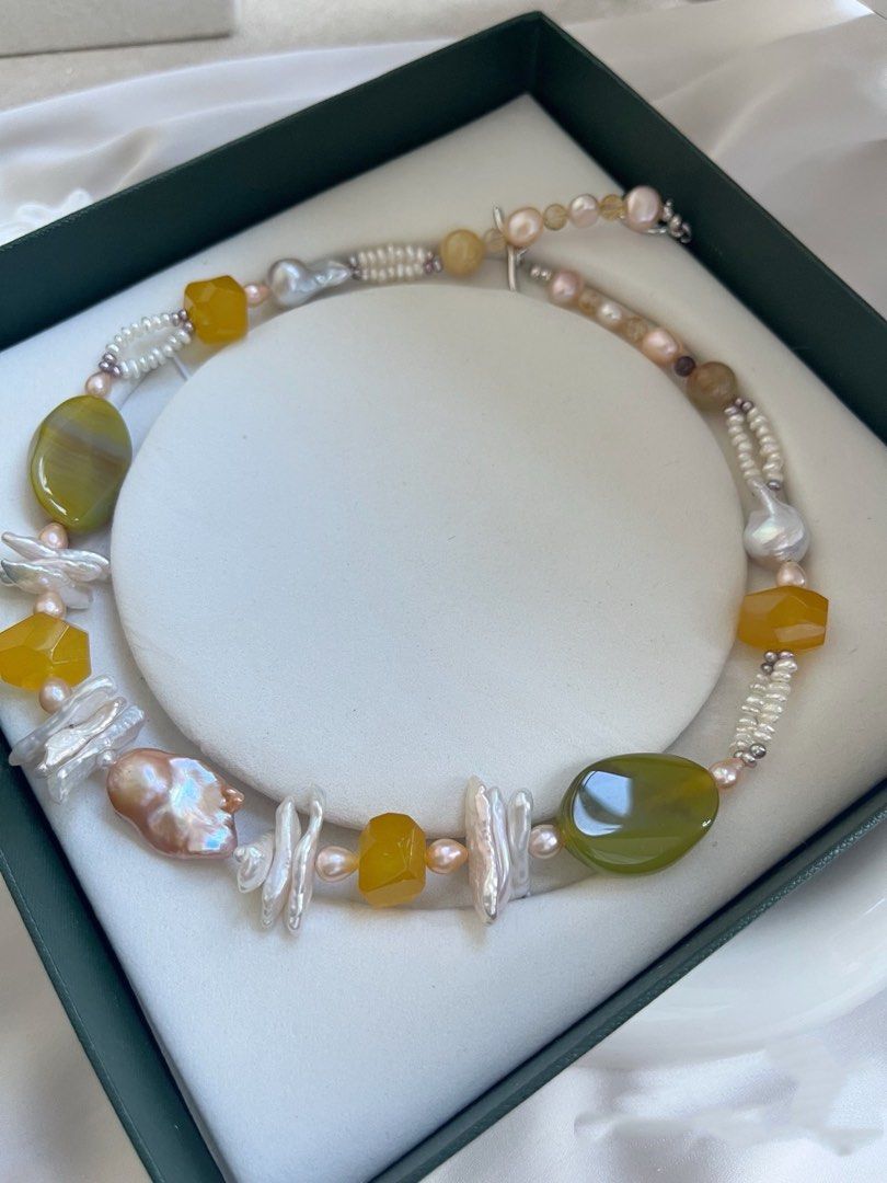 #PN728 Huge Agate & Freshwater Pearl Necklace | Double Layer Design| Lute Baroque | Fishtail Silk Lustre | Bold, Feminine, Unapologetic