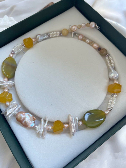 #PN728 Huge Agate & Freshwater Pearl Necklace | Double Layer Design| Lute Baroque | Fishtail Silk Lustre | Bold, Feminine, Unapologetic