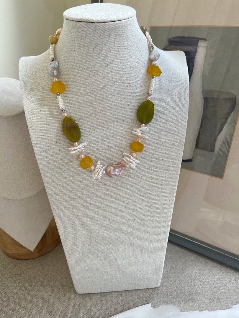 #PN728 Huge Agate & Freshwater Pearl Necklace | Double Layer Design| Lute Baroque | Fishtail Silk Lustre | Bold, Feminine, Unapologetic