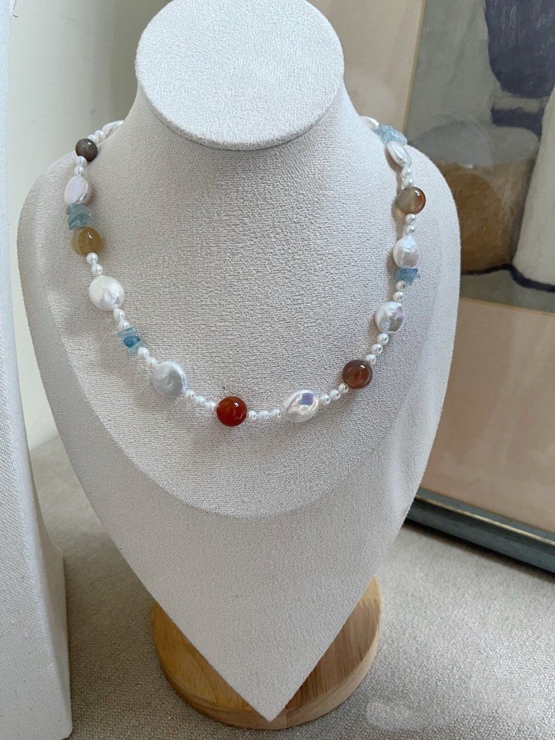 #PN731 Freshwater Pearl Necklace | Natural Stones | Agate| Aquamarine | Lustrous Coin & Square Pearl | Forever Young | Endless Summer