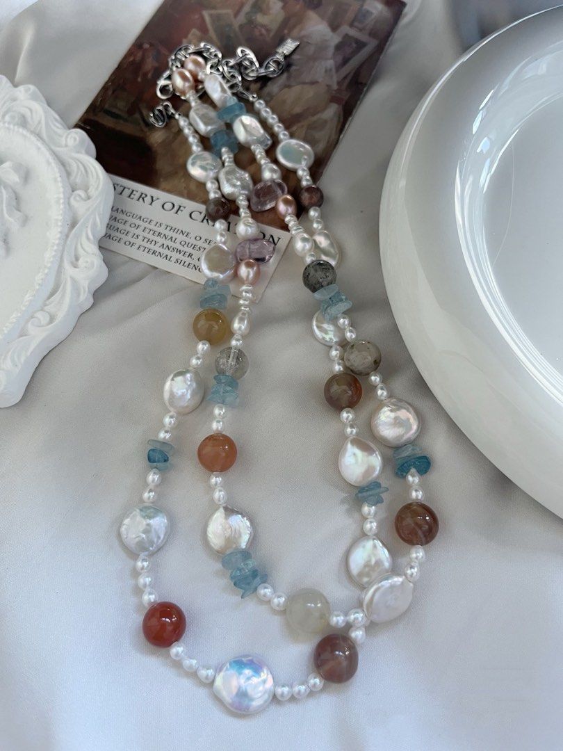 #PN731 Freshwater Pearl Necklace | Natural Stones | Agate| Aquamarine | Lustrous Coin & Square Pearl | Forever Young | Endless Summer