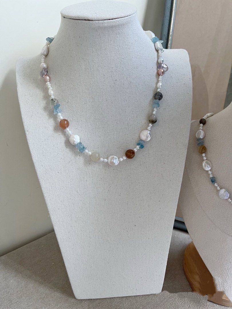#PN731 Freshwater Pearl Necklace | Natural Stones | Agate| Aquamarine | Lustrous Coin & Square Pearl | Forever Young | Endless Summer