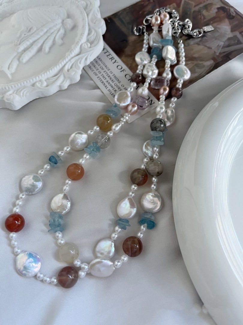 #PN731 Freshwater Pearl Necklace | Natural Stones | Agate| Aquamarine | Lustrous Coin & Square Pearl | Forever Young | Endless Summer