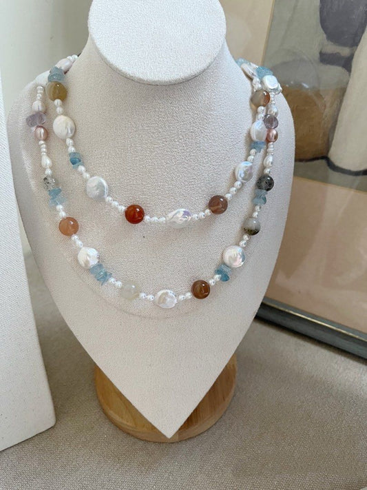 #PN731 Freshwater Pearl Necklace | Natural Stones | Agate| Aquamarine | Lustrous Coin & Square Pearl | Forever Young | Endless Summer