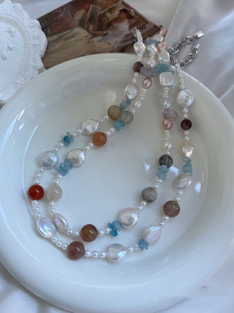 #PN731 Freshwater Pearl Necklace | Natural Stones | Agate| Aquamarine | Lustrous Coin & Square Pearl | Forever Young | Endless Summer