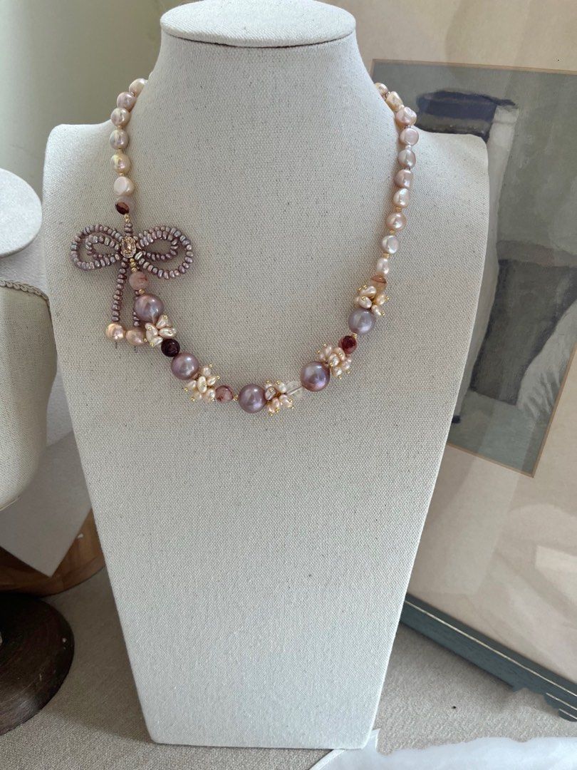#PN734 [Floral Series] Freshwater Pearl Necklace | Double-layer Bow Tie| Big Purple Baroque Round Pearl 13mm| Fire Quartz | Jewelry With A Voice