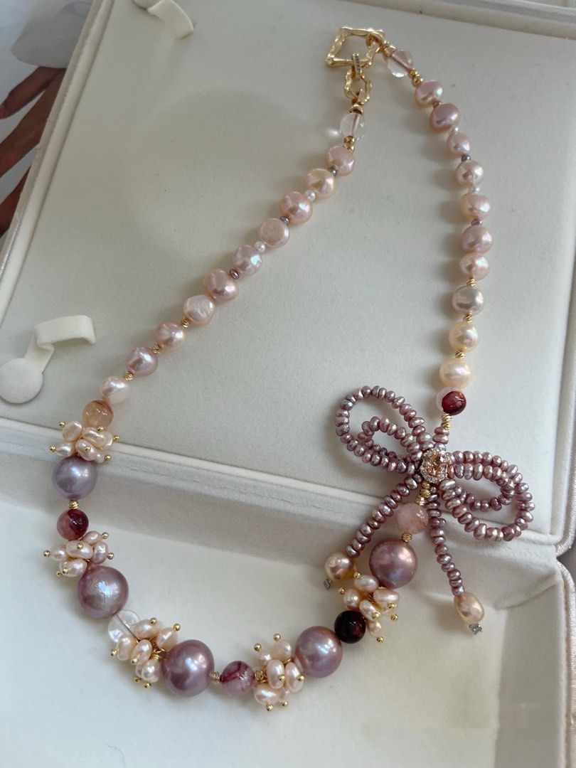 #PN734 [Floral Series] Freshwater Pearl Necklace | Double-layer Bow Tie| Big Purple Baroque Round Pearl 13mm| Fire Quartz | Jewelry With A Voice