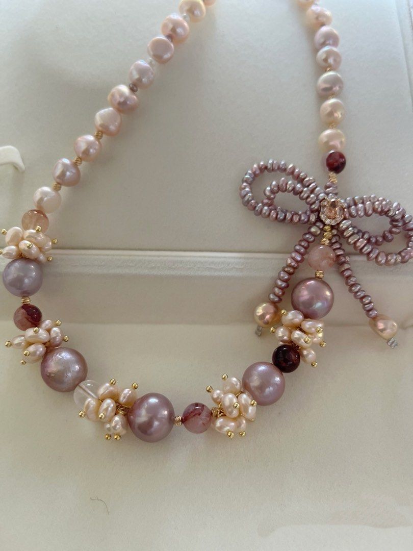 #PN734 [Floral Series] Freshwater Pearl Necklace | Double-layer Bow Tie| Big Purple Baroque Round Pearl 13mm| Fire Quartz | Jewelry With A Voice