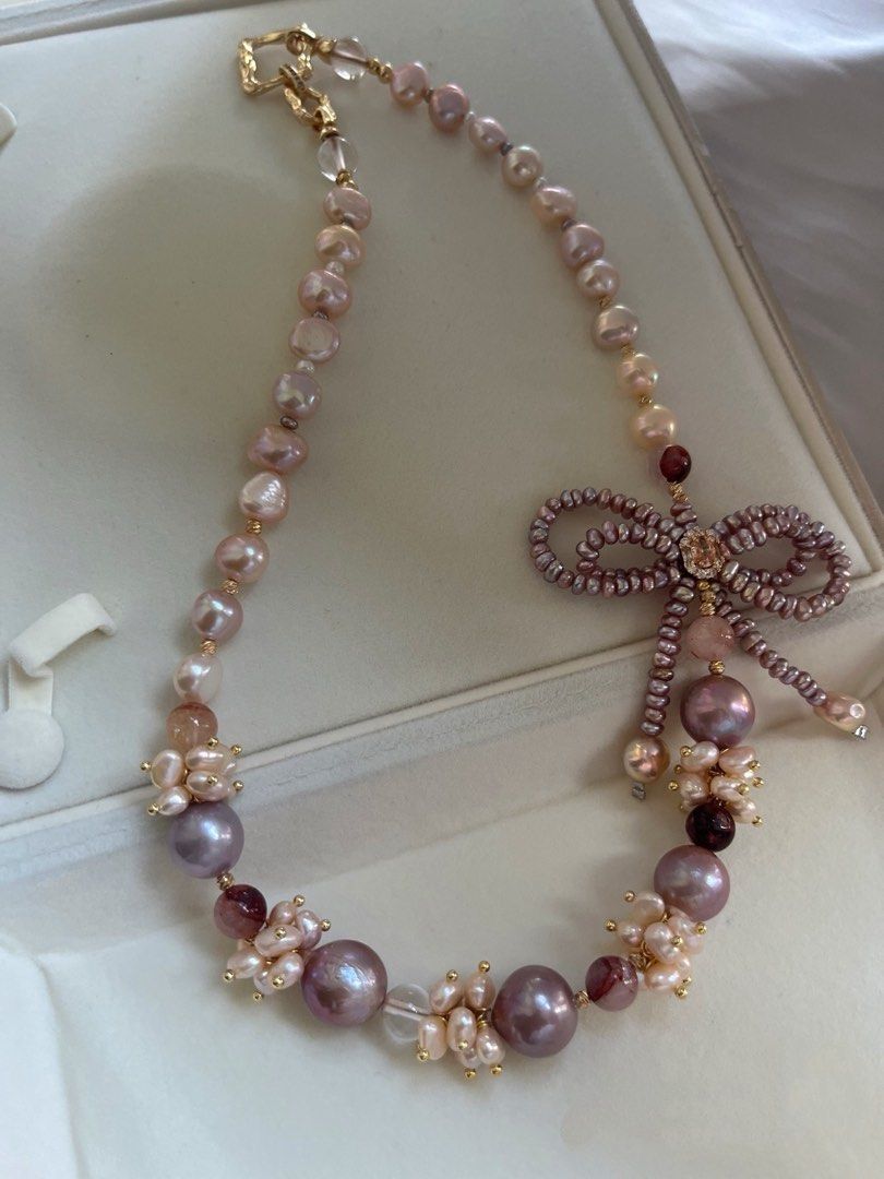 #PN734 [Floral Series] Freshwater Pearl Necklace | Double-layer Bow Tie| Big Purple Baroque Round Pearl 13mm| Fire Quartz | Jewelry With A Voice