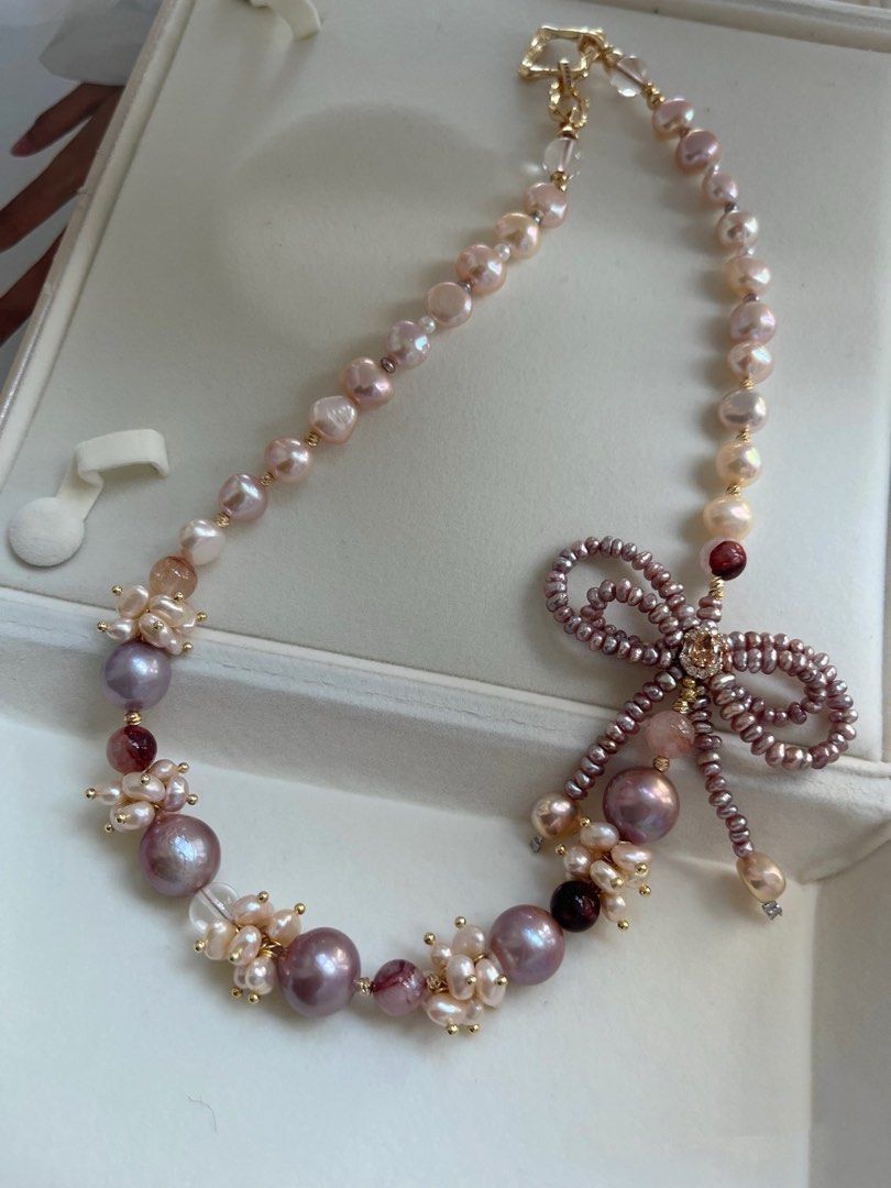 #PN734 [Floral Series] Freshwater Pearl Necklace | Double-layer Bow Tie| Big Purple Baroque Round Pearl 13mm| Fire Quartz | Jewelry With A Voice