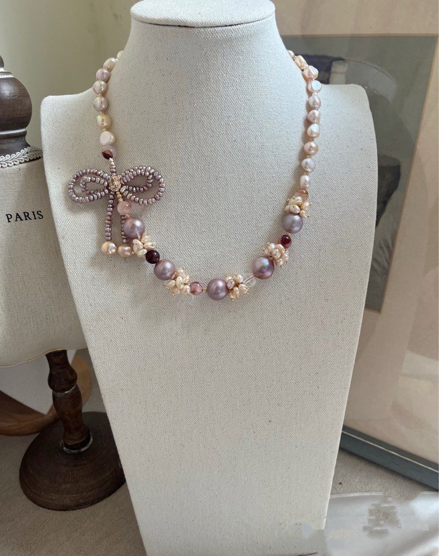 #PN734 [Floral Series] Freshwater Pearl Necklace | Double-layer Bow Tie| Big Purple Baroque Round Pearl 13mm| Fire Quartz | Jewelry With A Voice