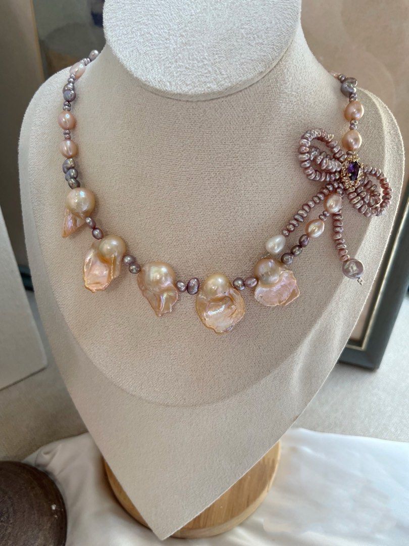 #PN736 Freshwater Pearl Necklace | Golden Lustrous Fishtail Baroque | 2-layer Ribbon 🎀 | High Quality | Metallic Small Baroque | Jewelry That Speaks Up